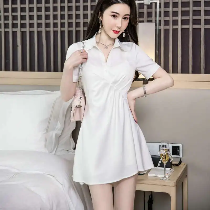 NAN Letnia Biała Satynowa Spódnica Damska Elegancka z Dekoltem Ollar, Wysoki Stan, Do Pracy, Gładka, z Nieregularnym Dołem