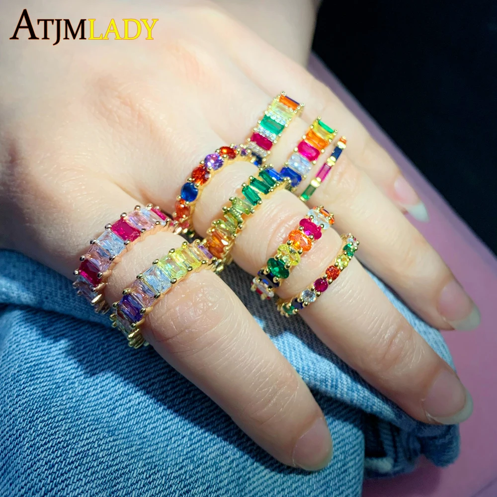 2025 Promotion Luxury Icy Out Bling Fashion Cubic Zircon Rings For Women Rainbow CZ Paved Eternity Band Finger Wedding Jewelry