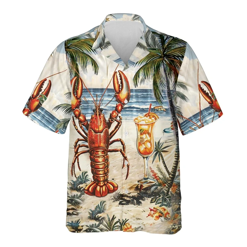 Camisa de âncora lagosta havaiana masculina, roupa de praia, manga curta, conforto casual, estampa 3D frutos do mar, moda verão