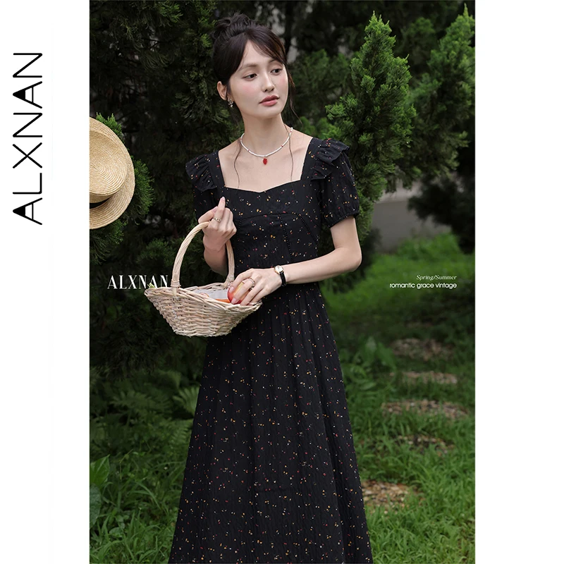 ALXNAN Women's Black Floral Dress Elegant Long Square Neck Puff Sleeve Dresses 2025 Summer Casual Party Female Clothing L56011
