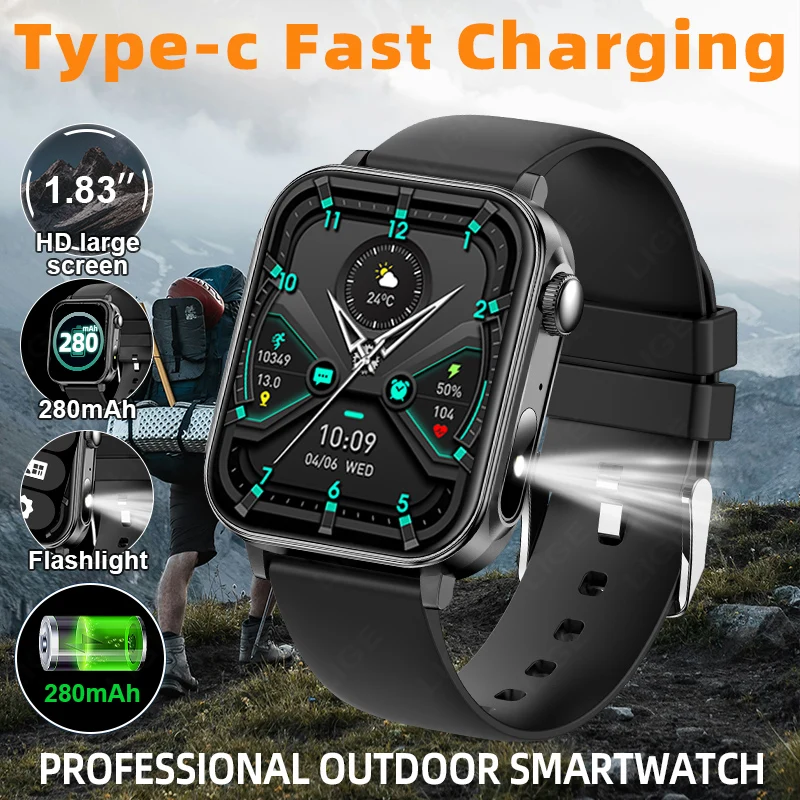 

LIGE New Type-C Wireless Charging Call Smart Watch Men Women Health Monitor IP67Waterproof Flashlight Smartwatch For Android iOS