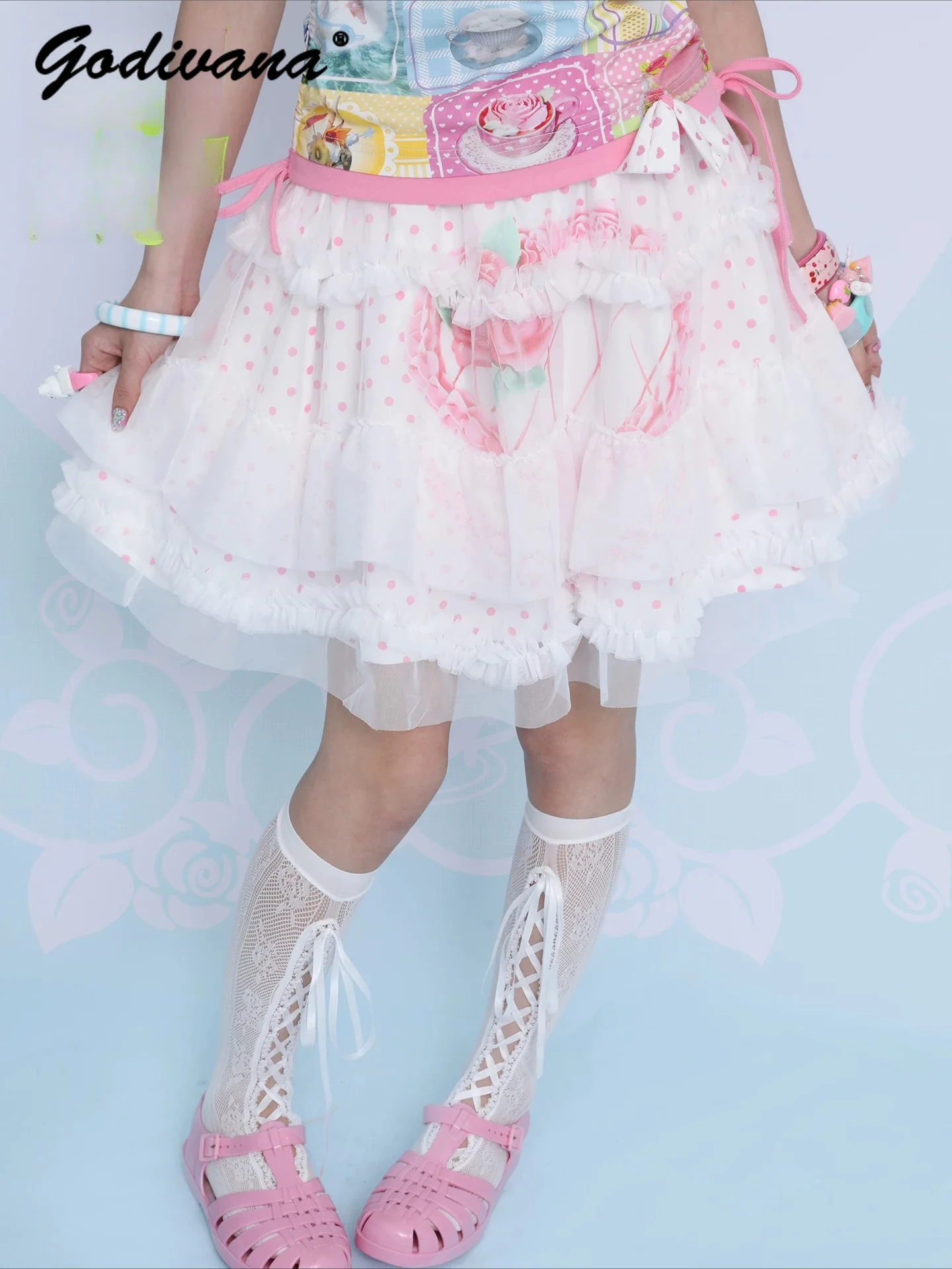 Original New Summer Double-layered Double-faced Tulle Mini Skirt Girls Women's Sweet Cake Flower Print Polka Dot Ball Gown Skirt