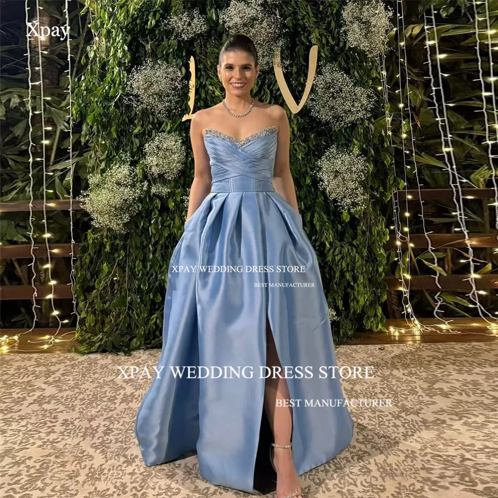 XPAY-vestidos de graduación sin tirantes con cuello en V, línea A, color azul, Beaids de cristal, Dubai, Arabia Saudí, vestido de fiesta de noche Formal con abertura lateral personalizado