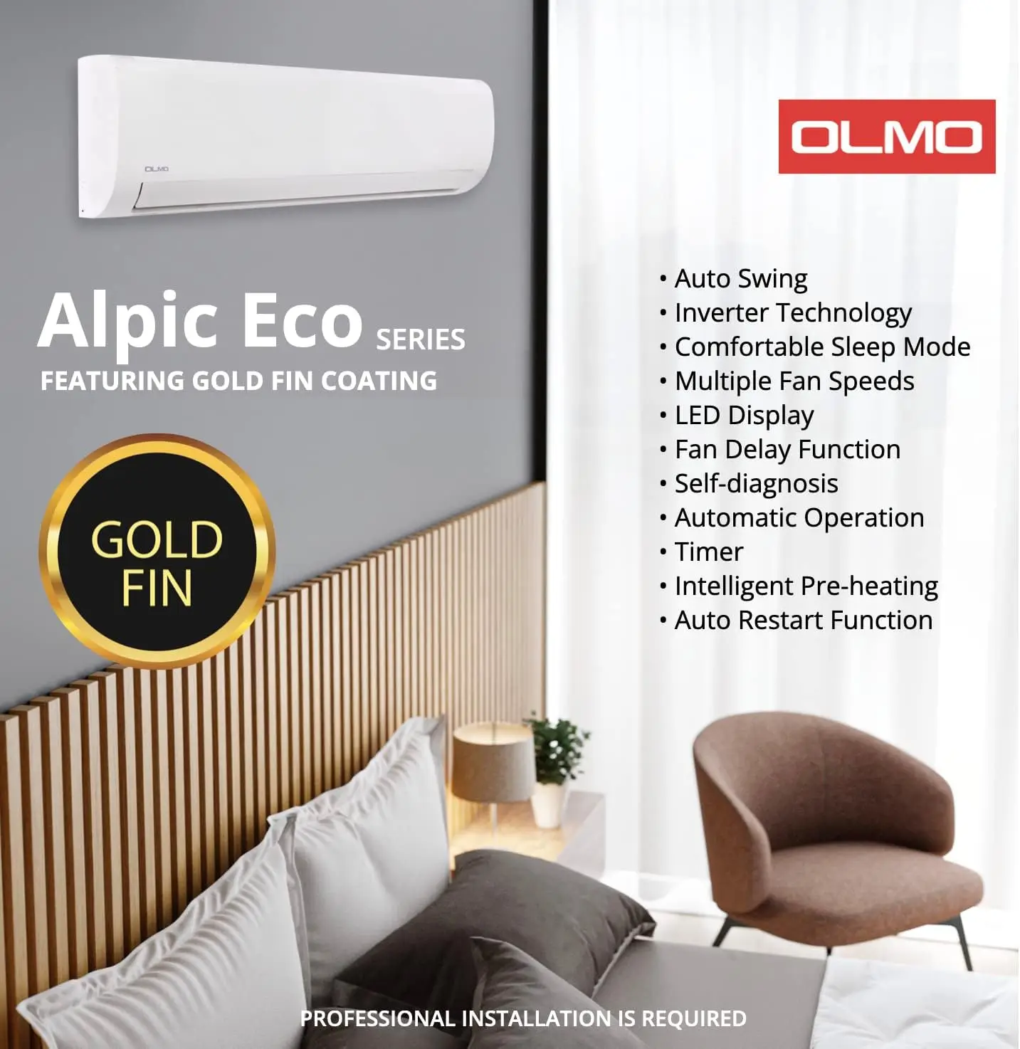 OLMO Alpic 18000 BTU Ductless Mini Split Air Conditioner Heating and Cooling Full Set with 16ft Installation Kit