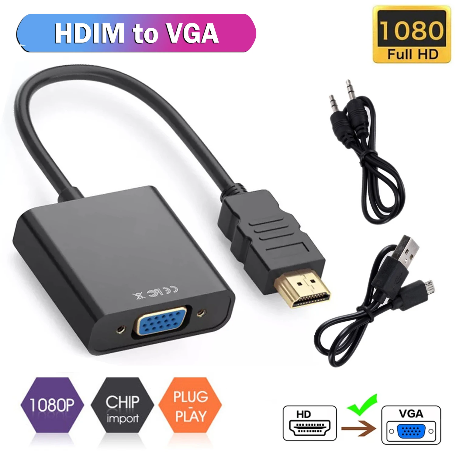 HDMI to VGA Adapter Gold Plated 1080P Full HD Male to Female HDTV HDMI to VGA Cable Compatible for Monitor/Projectors/PC/Laptop