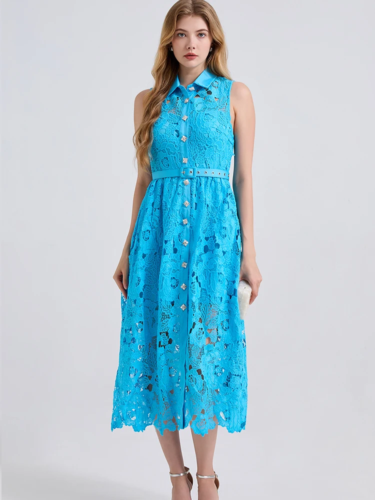 

High Quality Embroidered Shirt Collar Single Breasted Slim Fit Sleeveless Dress 2025 Summer New Fashionable Women'S Clothing