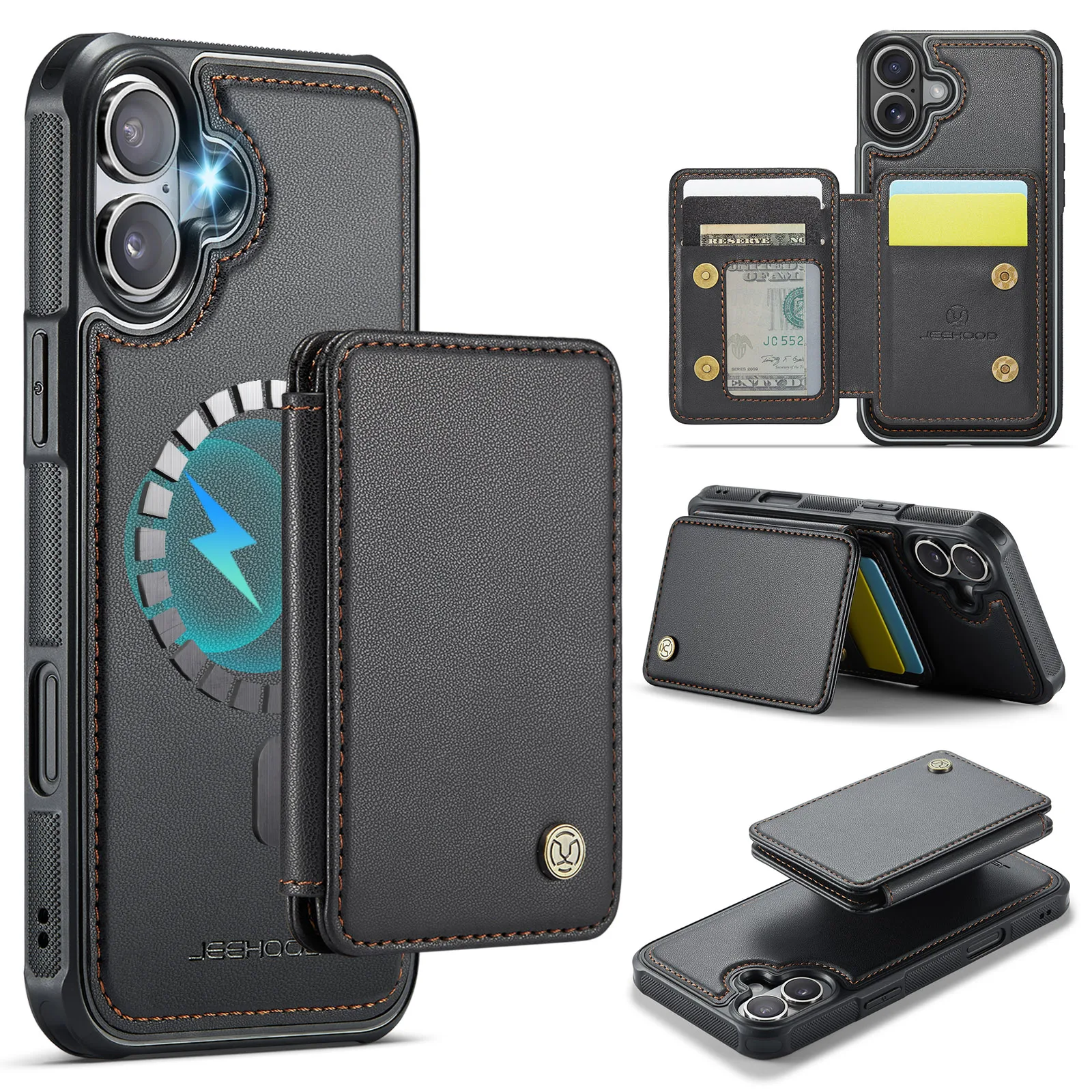 

JEEHOOD 2 in 1 Detachable Card Bag Wallet Case for iPhone 16 Pro Max 16 Plus 16 Pro 16 Premium PU Leather Magnetic Case Funda