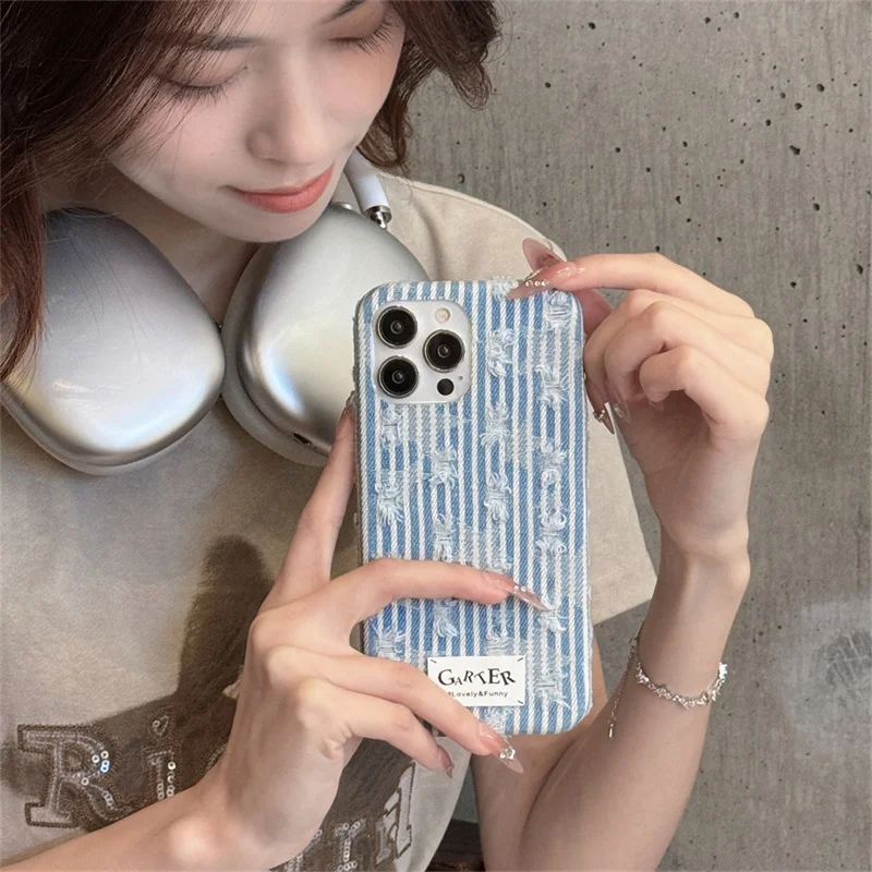 Korean Denim Embroidered Stars Phone Case For iPhone 16 Pro 14 13