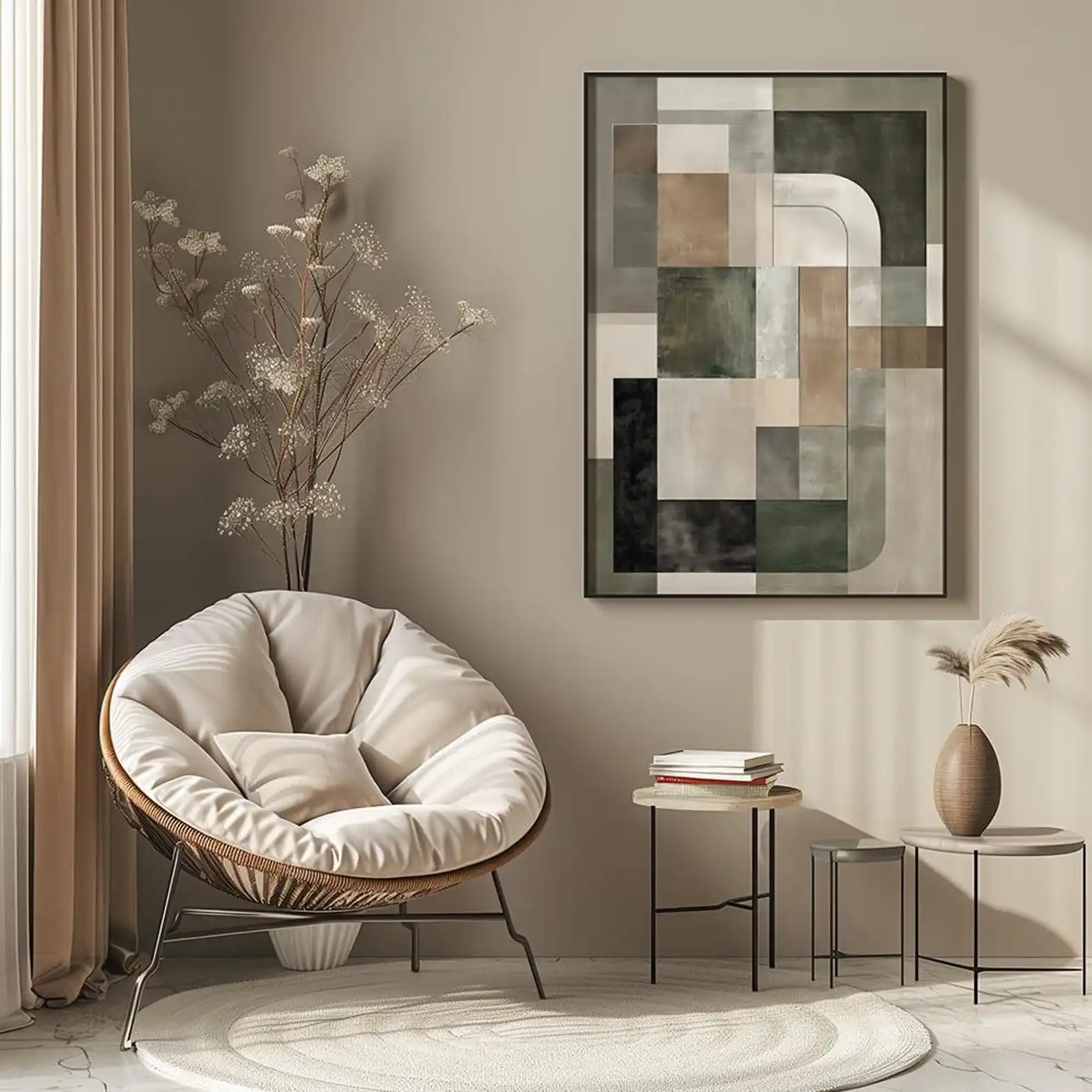 Mhemyo Green and Beige Japandi Abstract Hand-painted Oil Painting Digital Modern Geometric Wabi Sabi Art Decor for Living Room