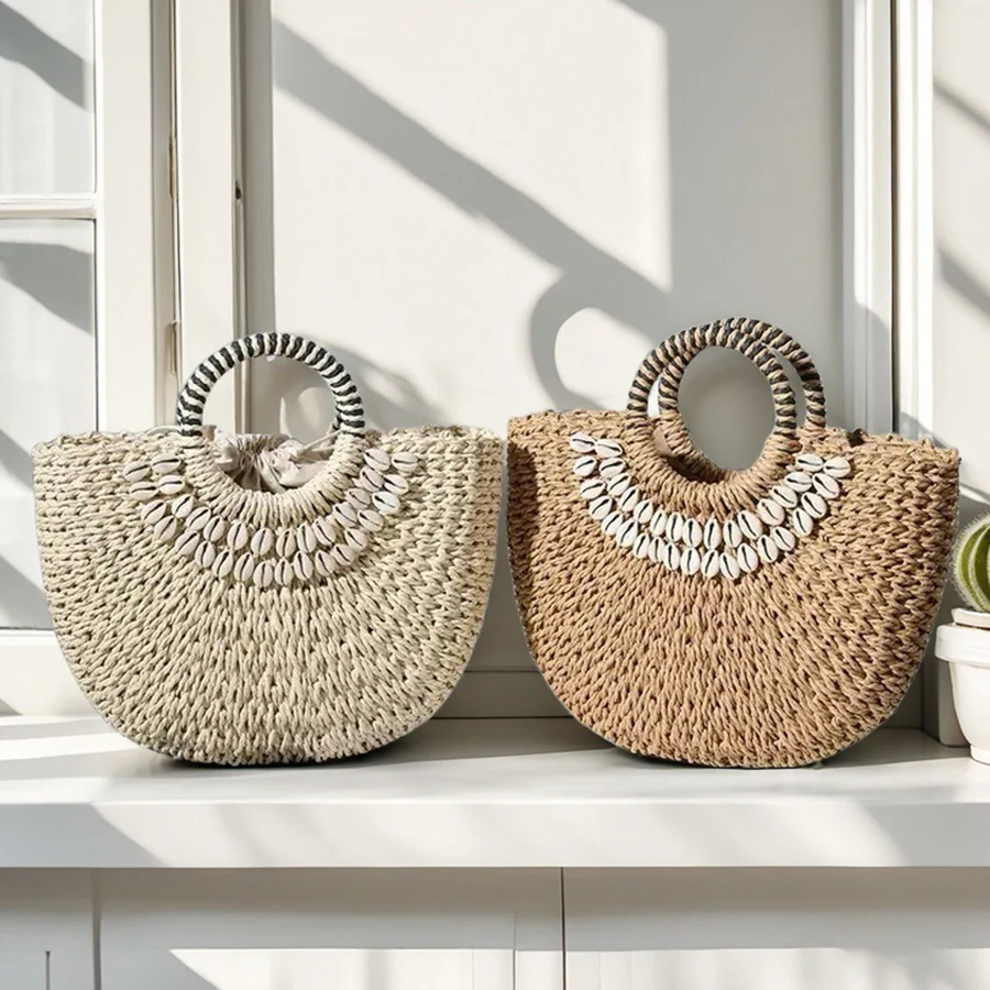 

Пляжная сумка ручной работы из соломы и ротанга в форме полумесяца, большая вместительная женская летняя полая сумка на плечо, кошелек-клатч на шнурке