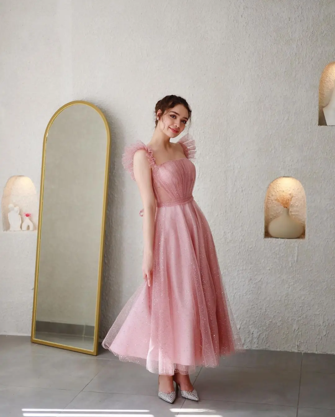 Sparkling Princess Pink Tulle Prom Gown A-line Sleeveless Birthday Party Evening Dress for Women 2024 Vestidos Para Mulheres