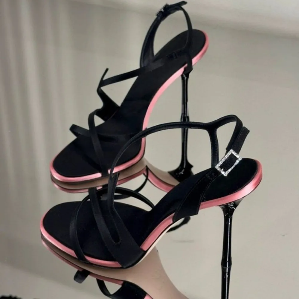 Satin Color Block Stiletto High Heels with One Belt 2026 New Summer Temperament Versatile Sandals
