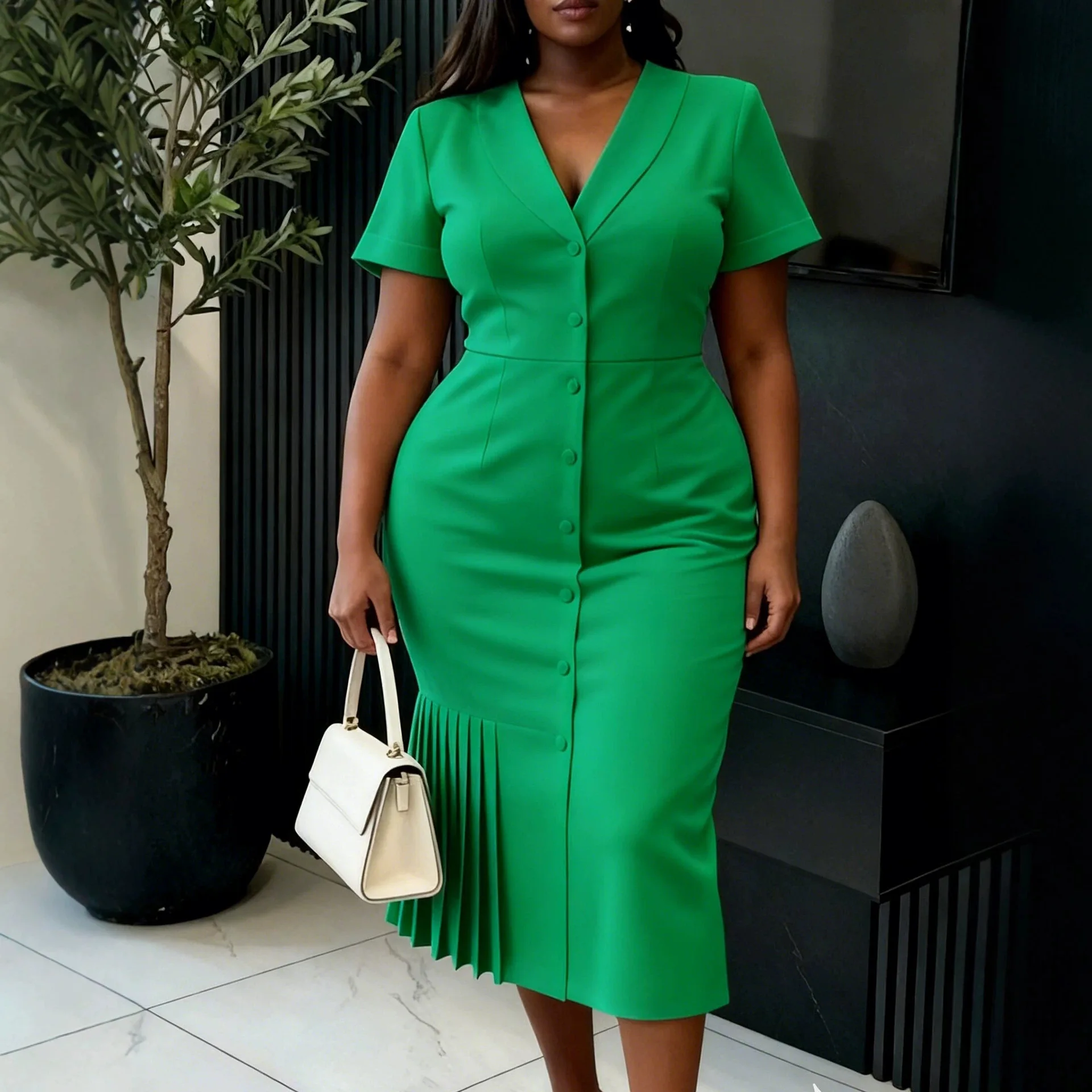 

Plus-size Women's Blazer Collar Dress, Short-sleeved, Single-breasted, Waist-cinching, Pleated, Fishtail, Mid-length, Business