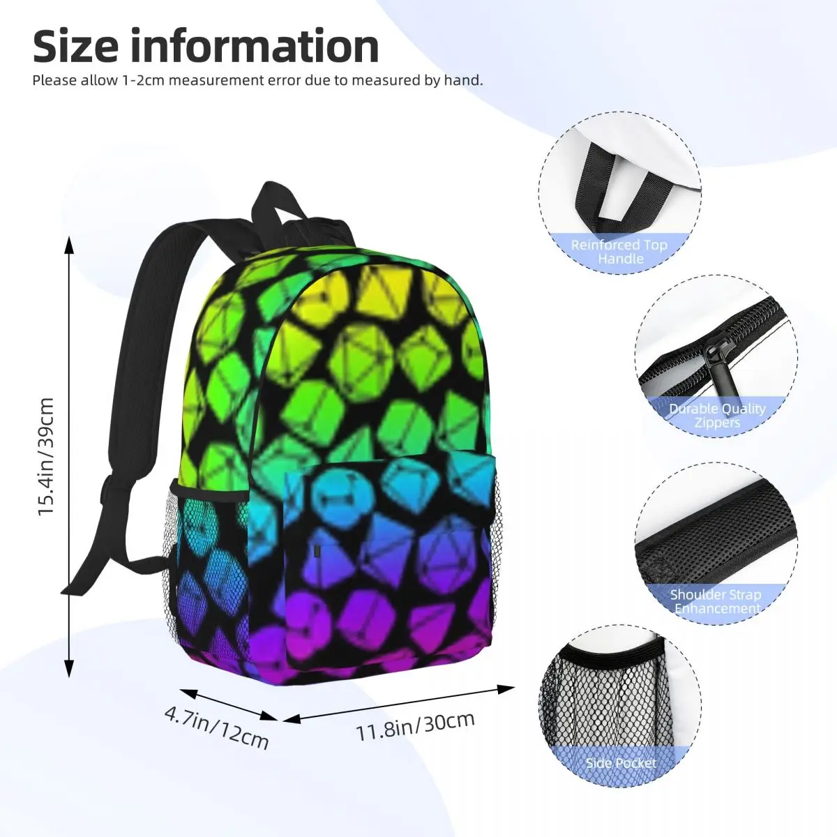 D & D Dobbelstenen Patroon Neon Regenboog Gradiënt Voor Kerker Nieuwe Modieuze Rugzak Patroon Schooltas Print Lichtgewicht Rugzak 15Inch