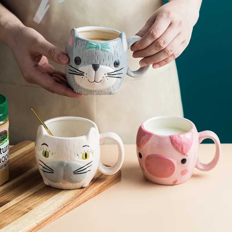 

360-410ml hand-painted cartoon ceramic mug, super cute and cute animal water cup, expression cup, household breakfast milk cup