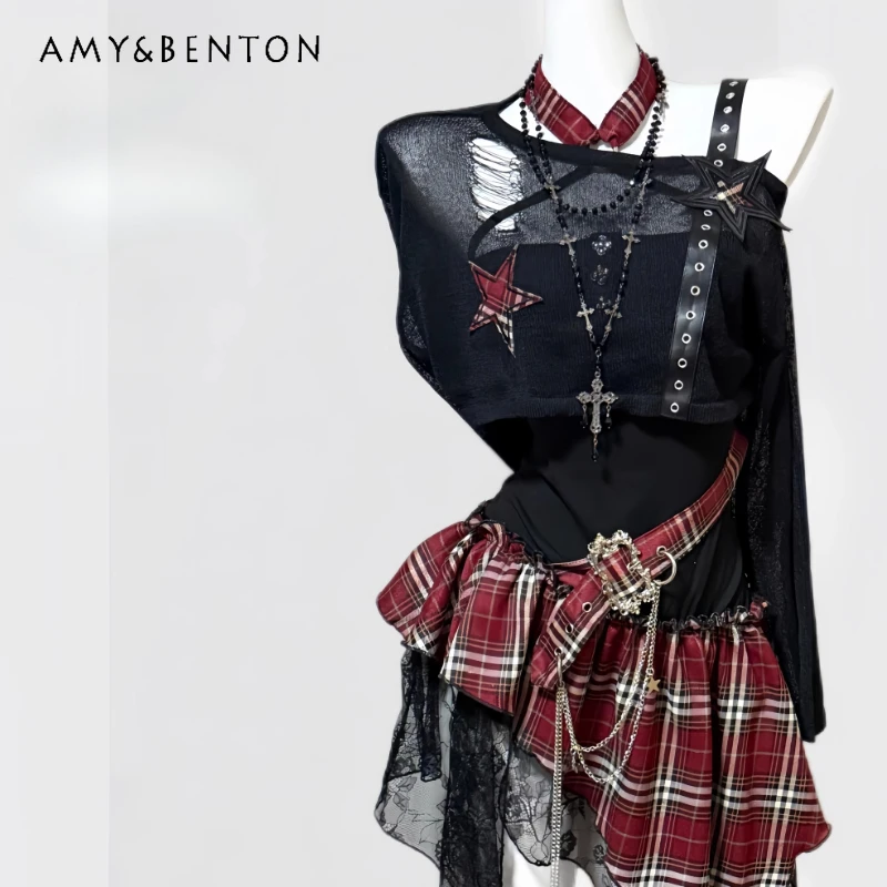 

Original Dark Hot Girl Red Plaid Halter Women's Blouse Top 2025 Summer New Irregular Lace Sweet Cool Sexy Dresses Suit Ladies