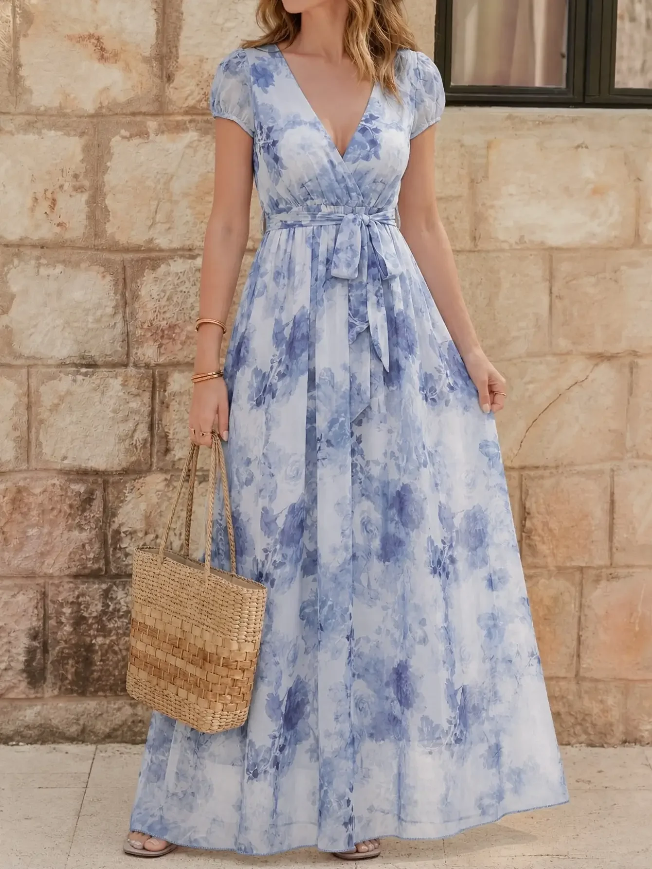 Women Summer Blue Floral Print High Waist Short Sleeve A Line Midi Dress Romantic Elegant Beach Vacation Party Ladies Daily Wear