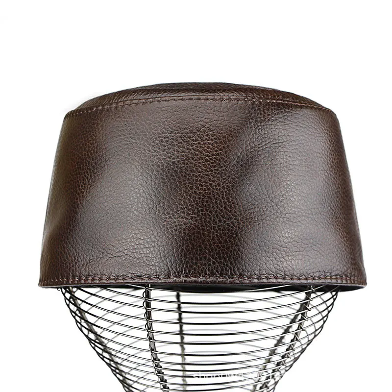 Leather Basin Hat for Man Branded Winter Retro Flat Top Genuine Cowhide Bucket Caps Male Black Brown Skull Cap Bone Masculino