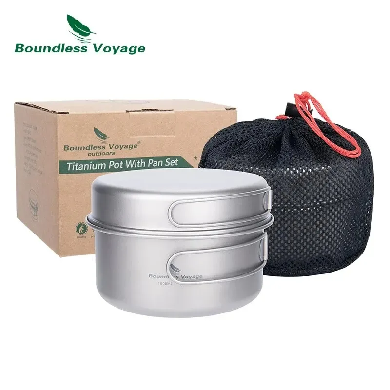 

Boundless Voyage Titanium Pot Pan Set with Folding Handles Camping Cookware Hiking Outdoor Tableware