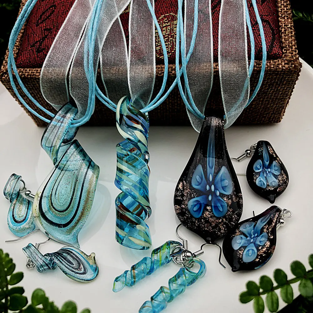 1 Set Charming Blue Ribbon Lampwork Glass Muran Bead Earrings Pendant For Women Wedding Jewelry Party Loves Gift Cheap Item