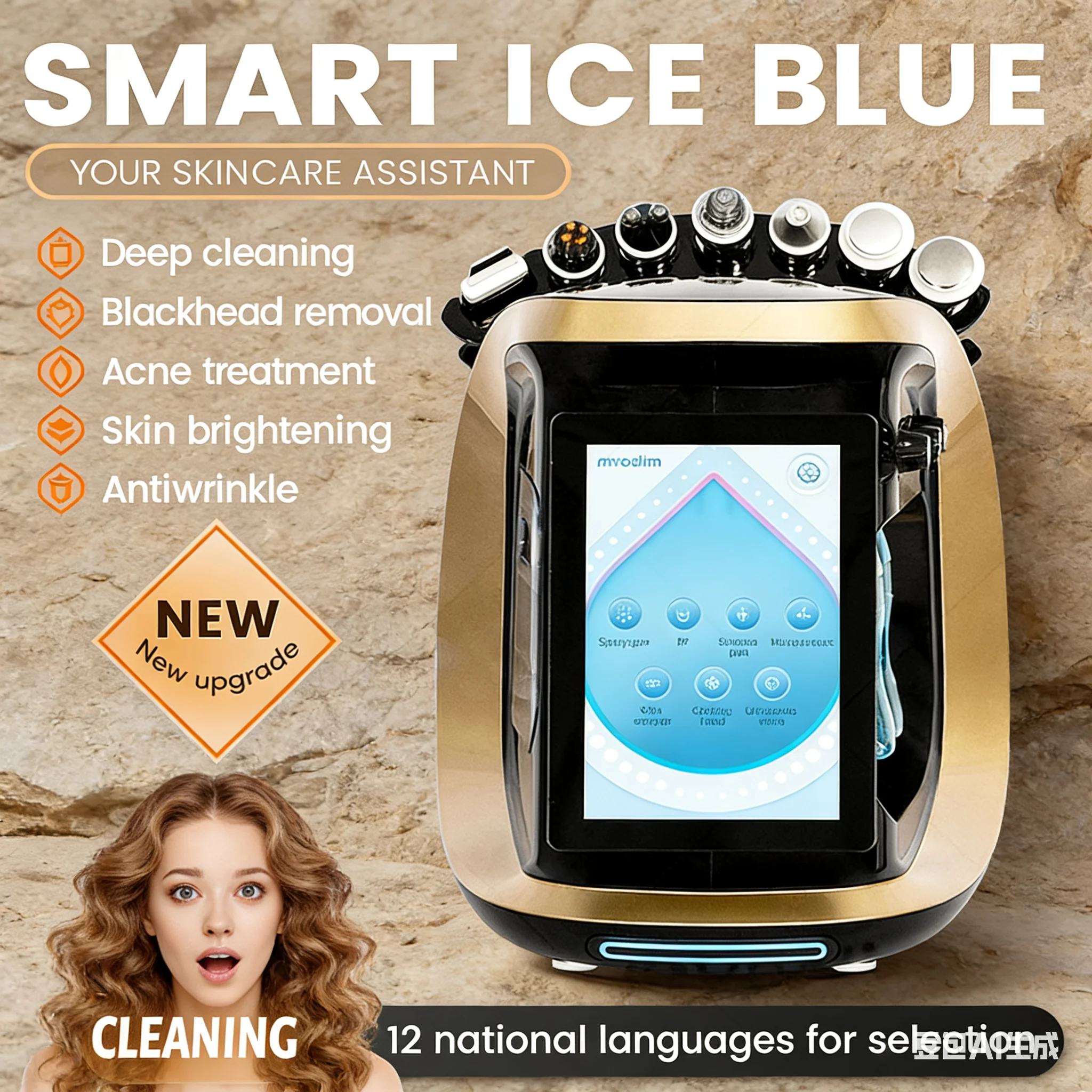 Inteligentne urządzenie do pielęgnacji twarzy 7 w 1 - Nowe głębokie oczyszczanie porów podciśnieniowe Hydra Lift z analizą skóry, kolor lodowy niebieski