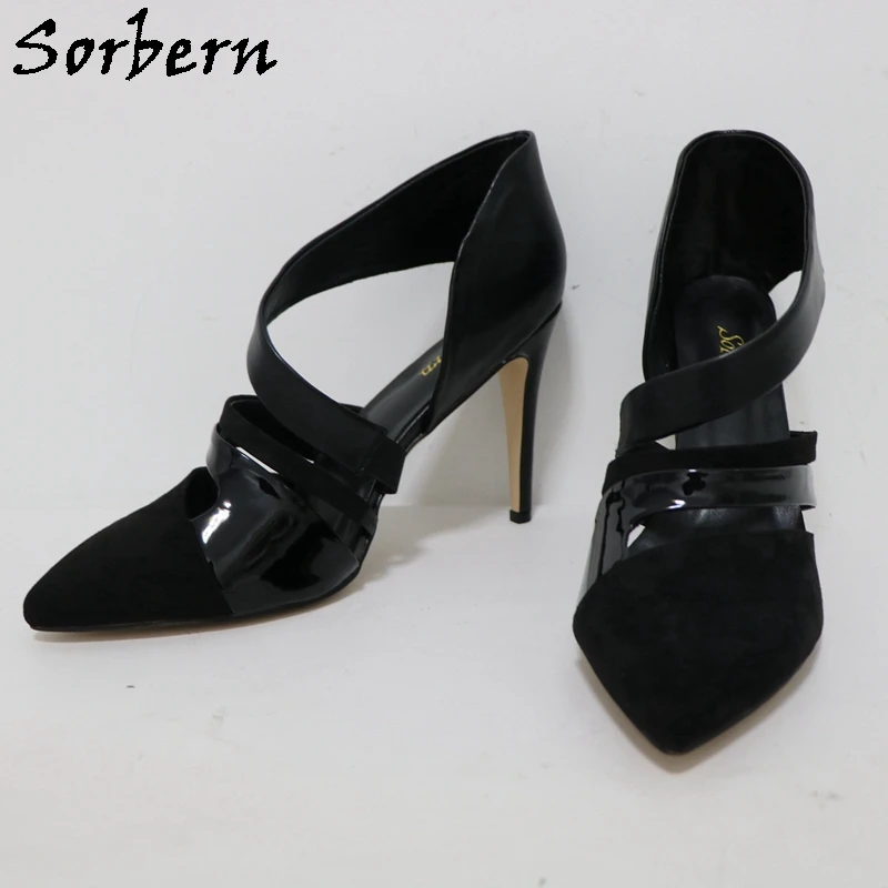 Sorbern sepatu Pump hak tinggi untuk wanita, sepatu selempang hak tinggi dengan tali stiletto ukuran Plus 45 46 47 multiwarna, sepatu Pump ujung lancip warna hitam untuk wanita