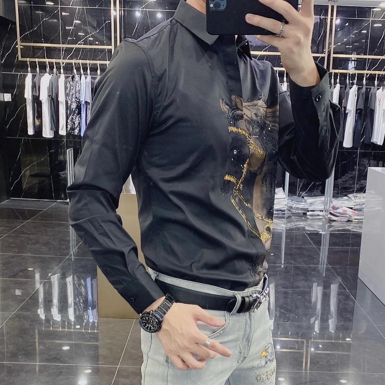 Black Animal Horse Shirt Social Camisa Hombre Rhinestones Shirts Mens Luxury Top Diamond Men\'s Shirt Long Mouw Slim Casual Shirt