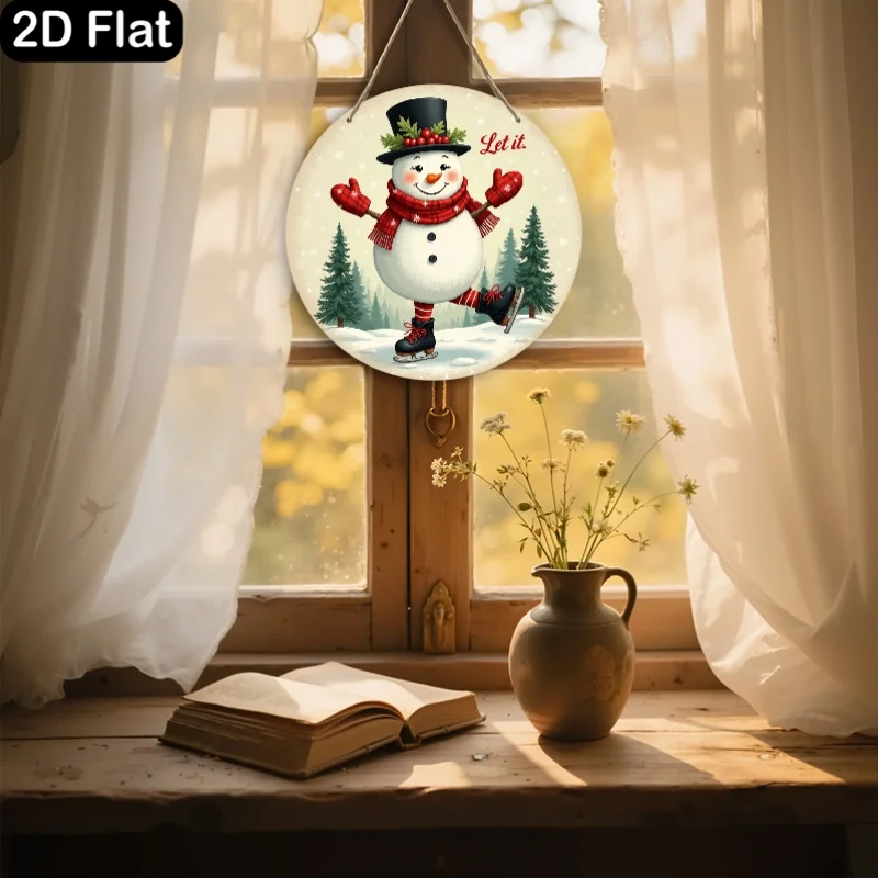 رجل الثلج للتزلج على الجليد يحتفل بتصميم نمط عيد الميلاد، علامة زخرفية مسطحة ثنائية الأبعاد، لوحة خشبية دائرية، هدية ممتازة لـ