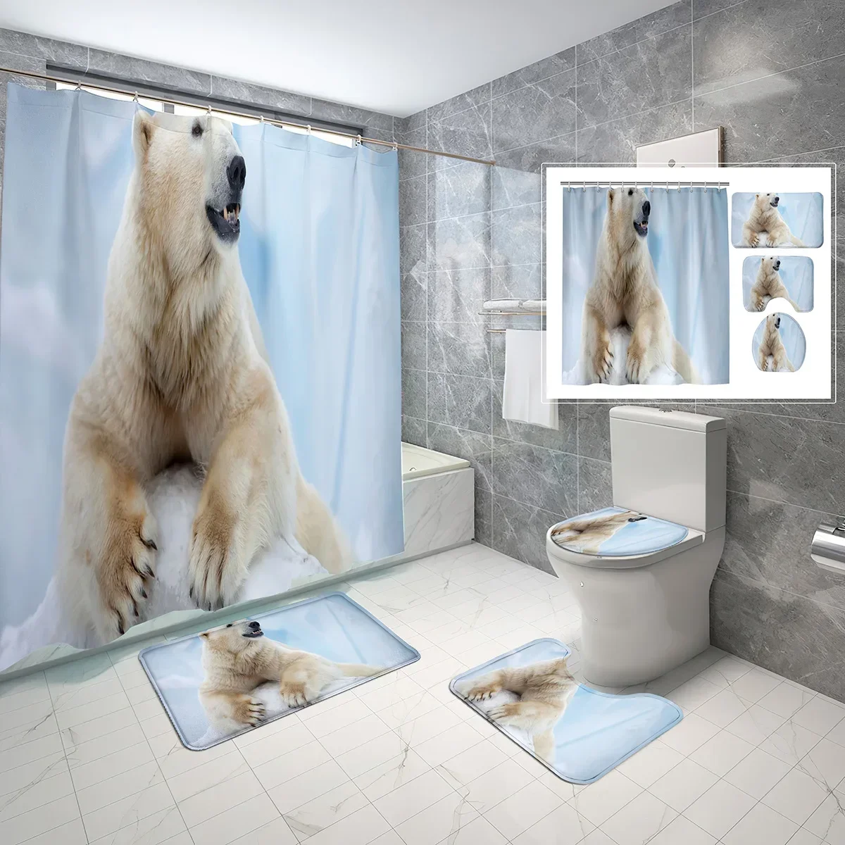 4 Pcs Polar Bear Shower Curtain Set Cute Cute Animals Shower Curtain Bathroom Non-Slip Bath Mat Toilet Cover Shower Curtain Set