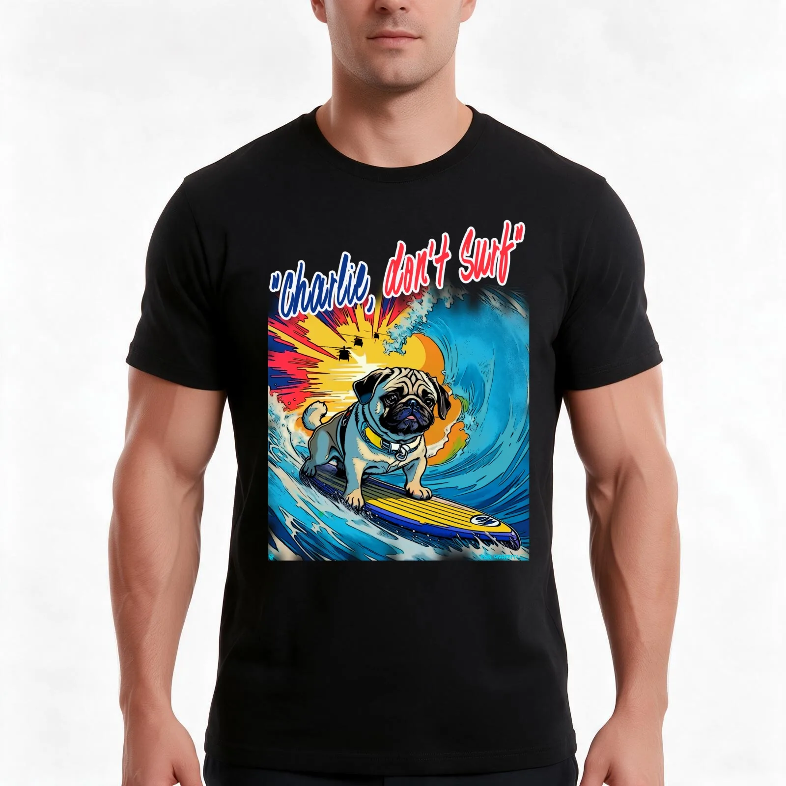 Pug Surfer 2 T-Shirt, Summer Casual Cotton Tee, Oversized Streetwear Tops, Vintage Graphic Print, Loose Fit Short Sleeve