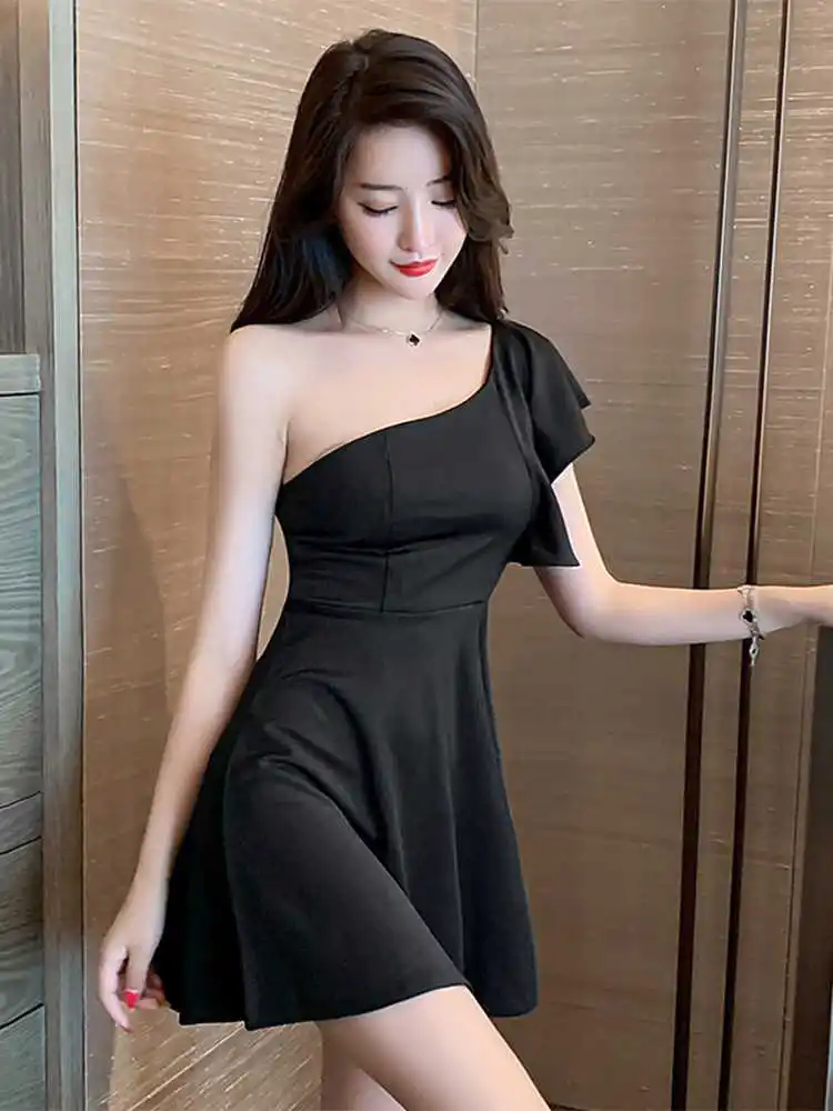 Bagnante a spalla singola a vita alta orm Sexy Nightclub Dr per le donne Pendolarismo coreano Sle Zipper A-Line ort Dr