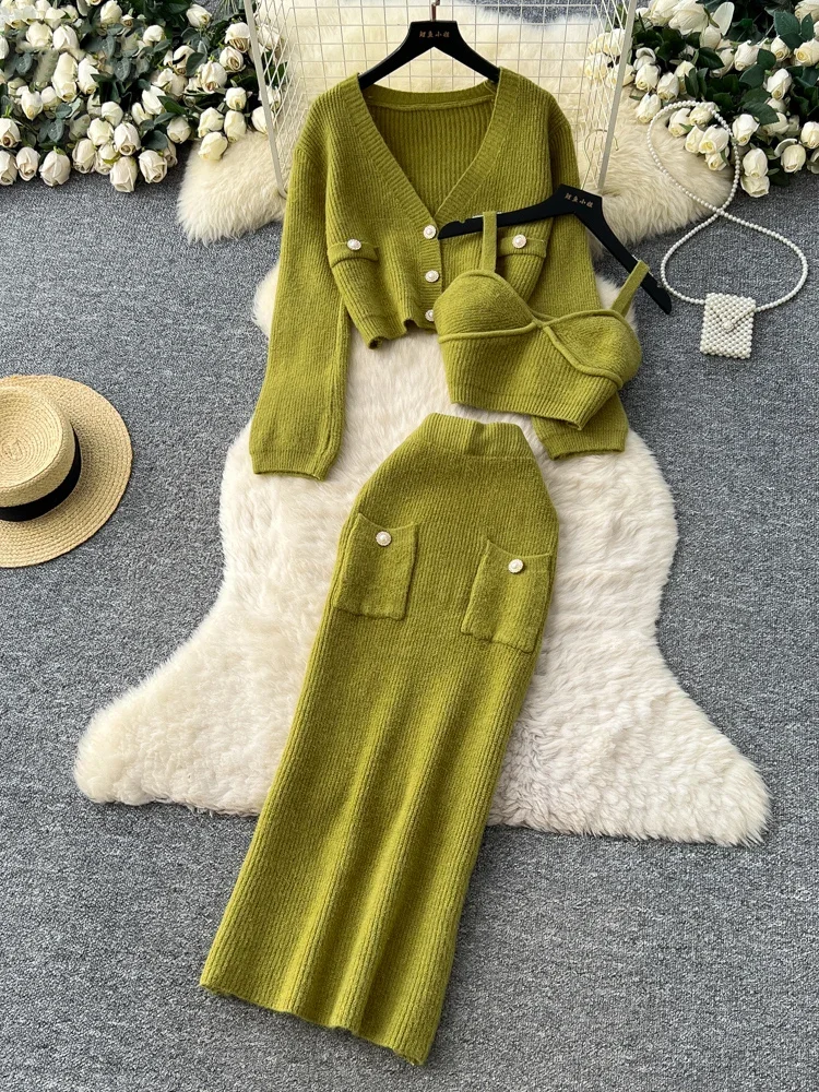 

Элегантный роскошный кардиган премиум-класса из трех частей знаменитостей, короткий вязаный универсальный кардиган, тонкие прямые комплекты с высокой талией, юбки