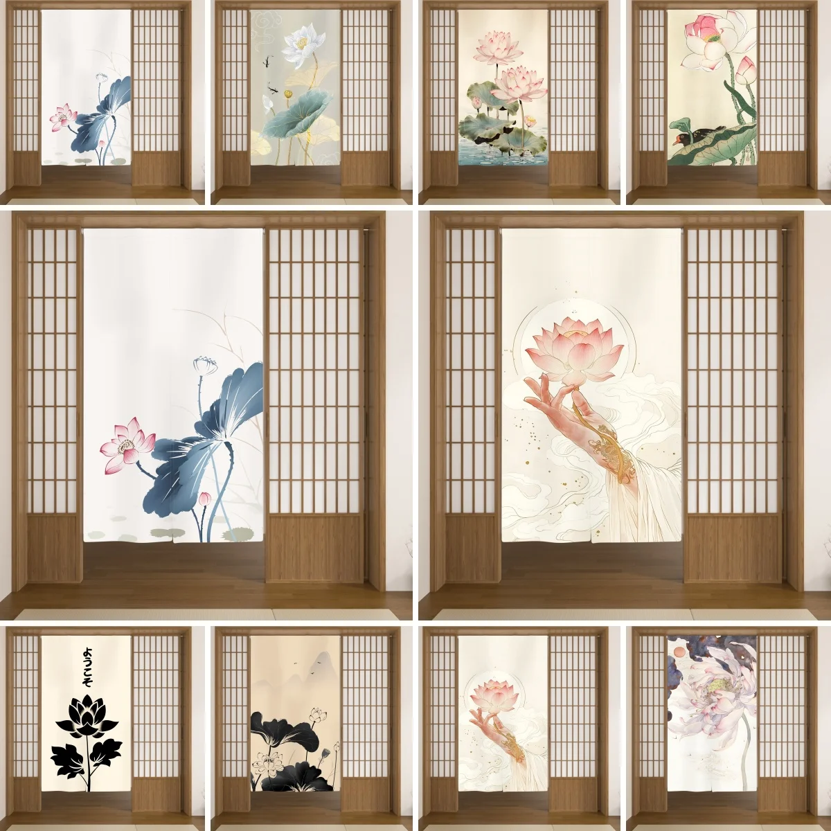Chinese Lotus Noren Curtains Ink Wash Japanese Design Zen Tea Room Decor Oriental Elegant Entrance Divider Hanging Half-Curtain