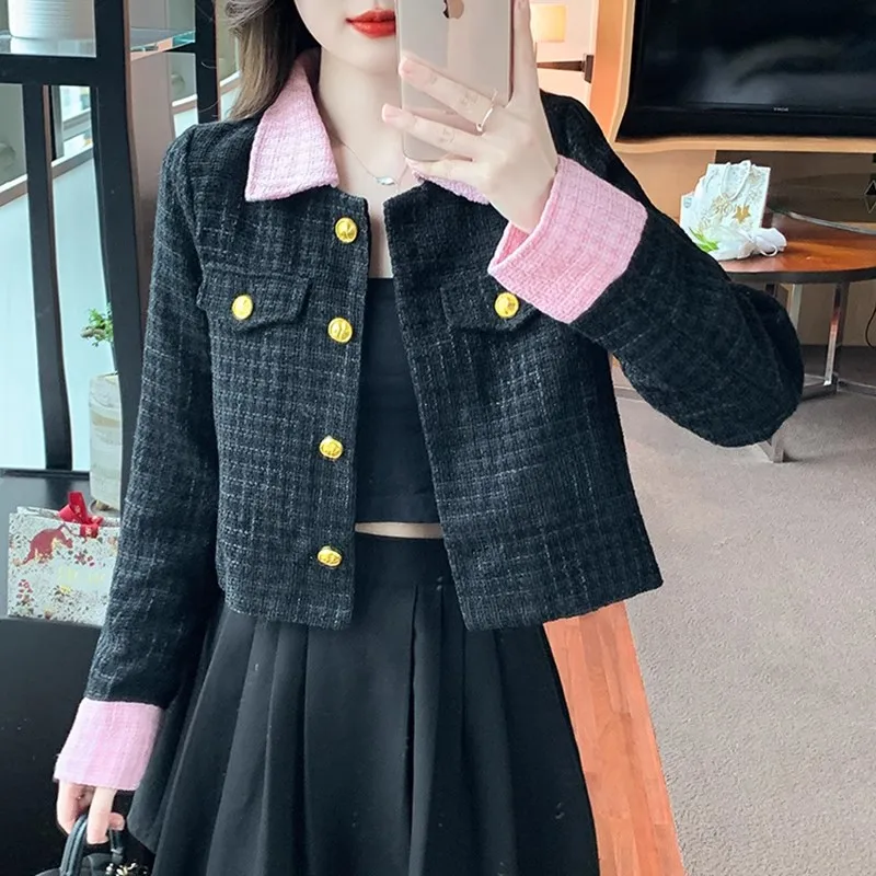 2023 Autumn/Winter New Fashion Women's Short Suit Coat Black Pink Contrast Collar Female Blazers