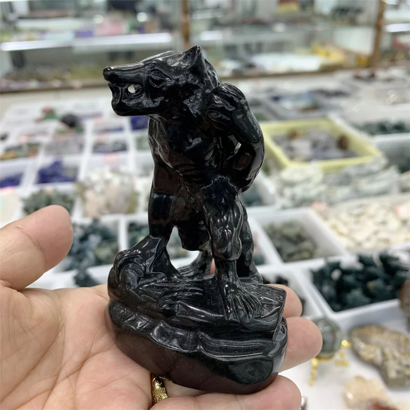 10.4cm High Quality Natural Black Obsidian Crystal Werewolf Carving Statue Healing Energy Stone Crafts For Holiday Gift 1pcs