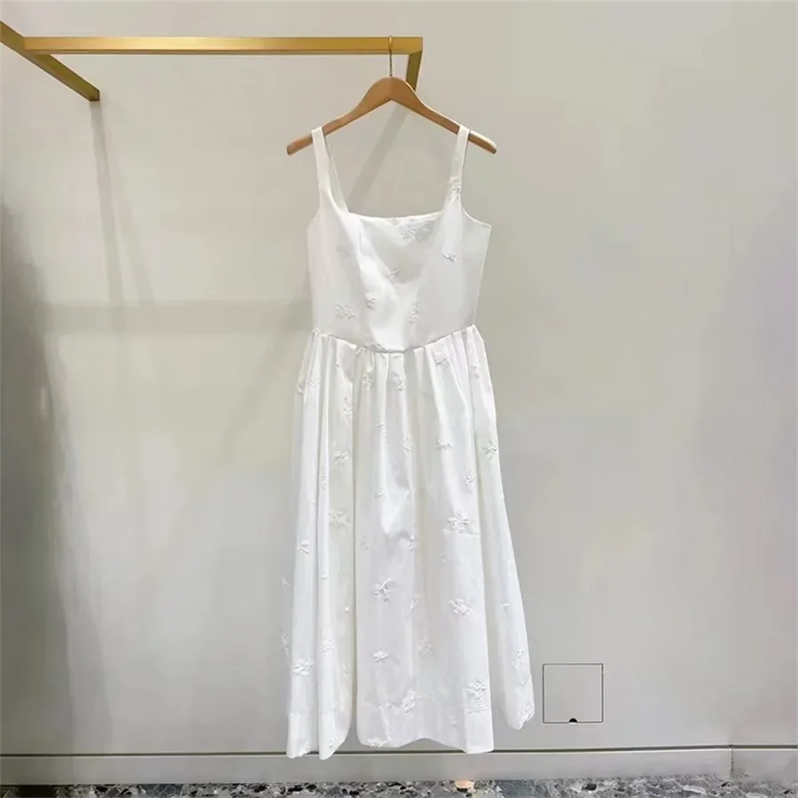 

Women white suspender dress embroidery sleeveless evening party midi robe 2025 summer new style dress