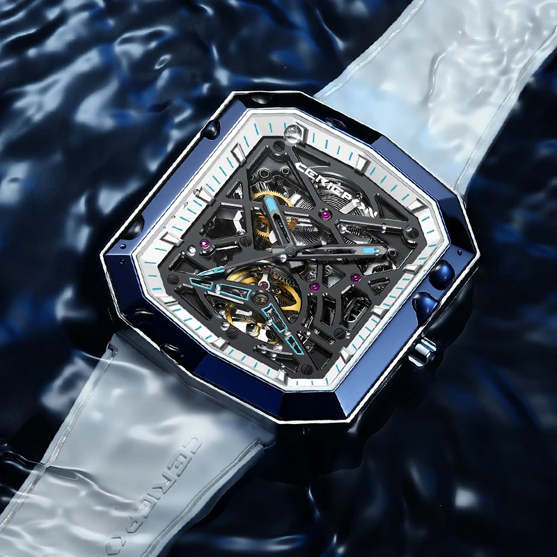 New Luxury Men Automatic Mechanical Watch Luminous Skeleton Stainless Steel Rubber Strap Sapphire Glass Waterproof Big Rectangle