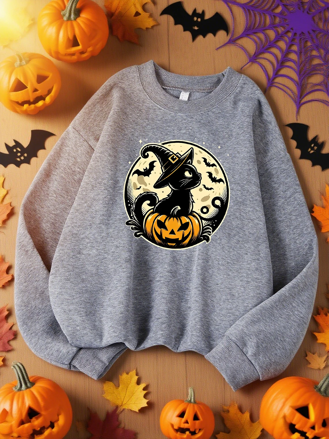 Cappello da strega Gatto nero e zucca Stampa Abbigliamento donna Felpe morbide e traspiranti Felpa casual autunnale Top sportivo girocollo