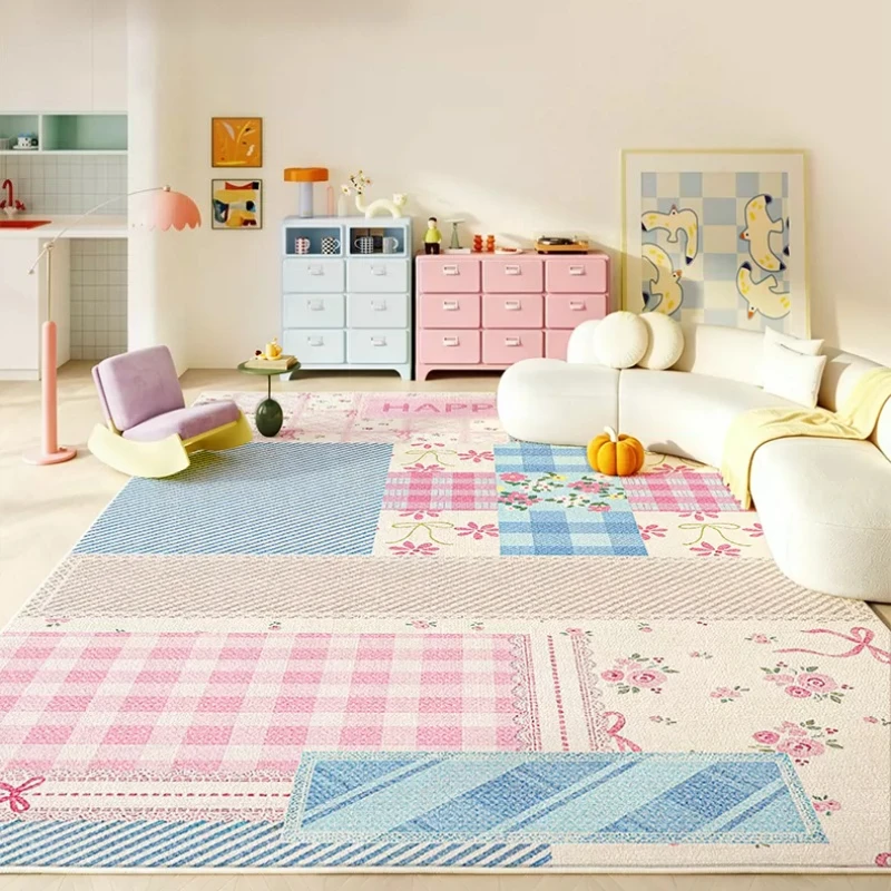 Flowers Carpets for Living Room Dopamine Colorful Bedroom Decor Carpet Splicing Grid Design Bedside Rug Home Thicken Floor Mat