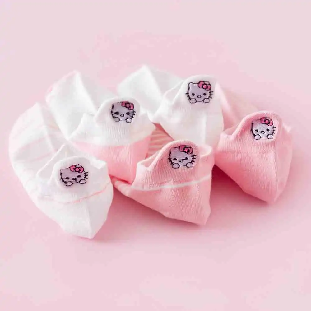 

5 пар коротких носков Hello Kitty для женщин, кавайные полосатые хлопковые носки в стиле Лолиты, розовые носки до щиколотки, милые забавные носки с героями мультфильмов Y2K для девочек