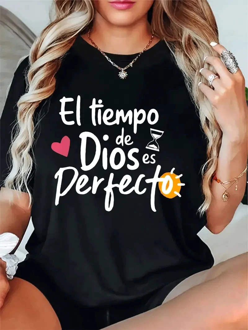 

Женская повседневная летняя одежда больших размеров с круглым вырезом, футболка с принтом букв Диос, четыре сезона, футболки с графическим рисунком, женские топы