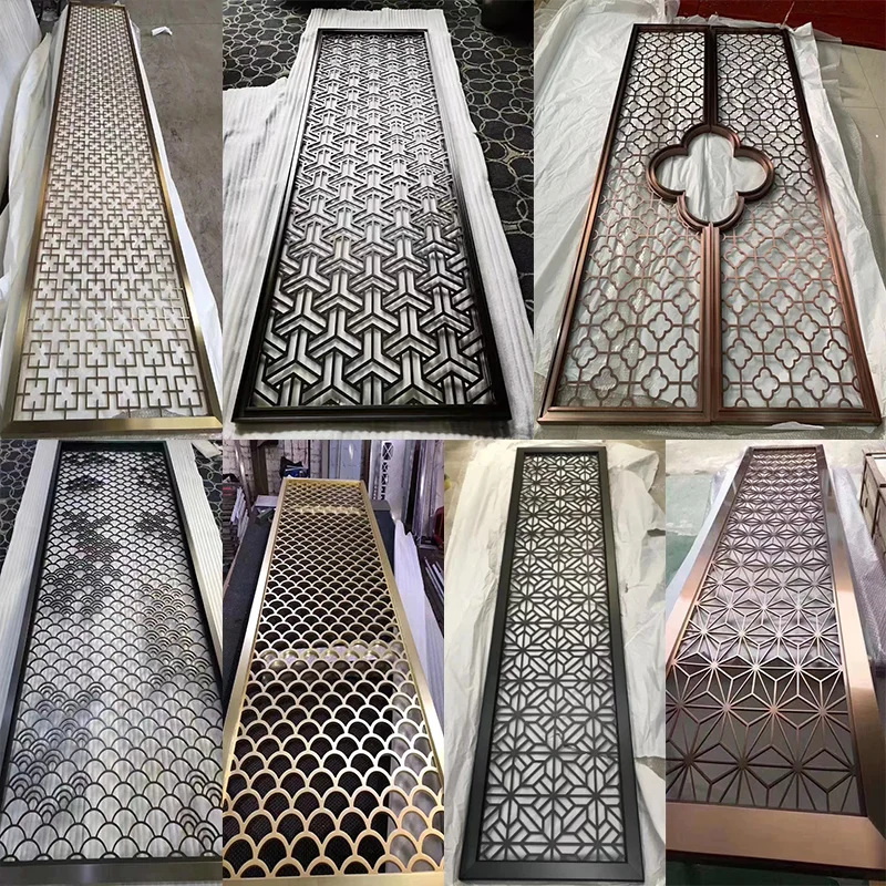 

Customized stainless steel screen partition light luxury rose gold carved metal laser hollowed out lattice new Chinese relief