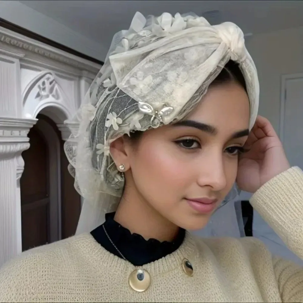 New Lace Flower Bonnet Hat Full Coverage Breathable Headscarf Hat Soft Wrinkled Cover White Hair Indian Hat Women's Accessory