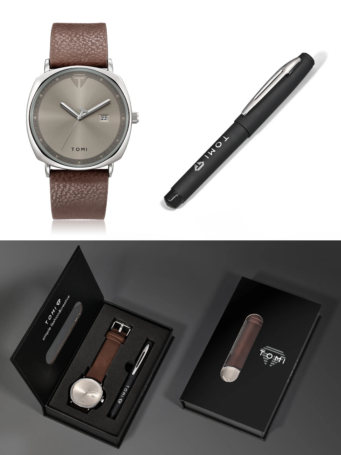 TOMI Neue 2PCS Luxury Business Männer Uhr Geschenk Box Set Einfache und Casual Männer Kalender Quarzuhr Stift Reloj männer Urlaub Geschenk – Detail 1