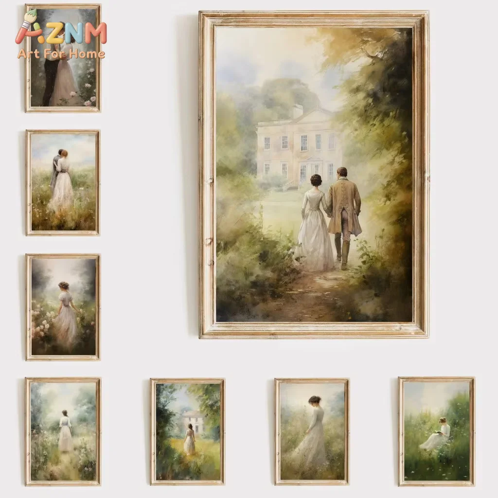 Pride and Prejudice Wall Art Print Canvas  Painting Elizabeth Bennet and Mr Darcy Cottagecore Posters Home Decor