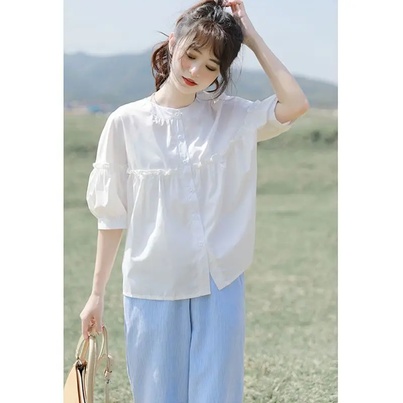 

Short Sleeve Shirts Womens Light Luxury Mesh Splicing Pintuck Cropped Tunic Trendy Artistic Urban Student Youthful Fashion
