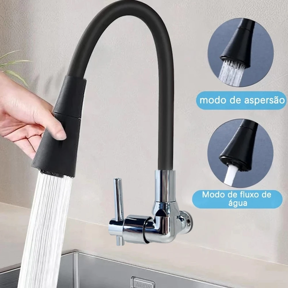 Torneira de Parede Preta Fosca para Cozinha, Cabeça Flexível com 2 Modos de Uso
