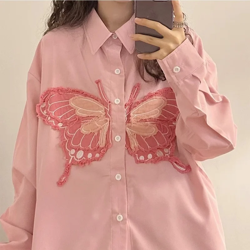 2024 New Women's Shirt Embroidered Butterfly Loose Pink Shirt Flip Collar High Grade Shirt Loose Top Large Harajuku Womens Tops