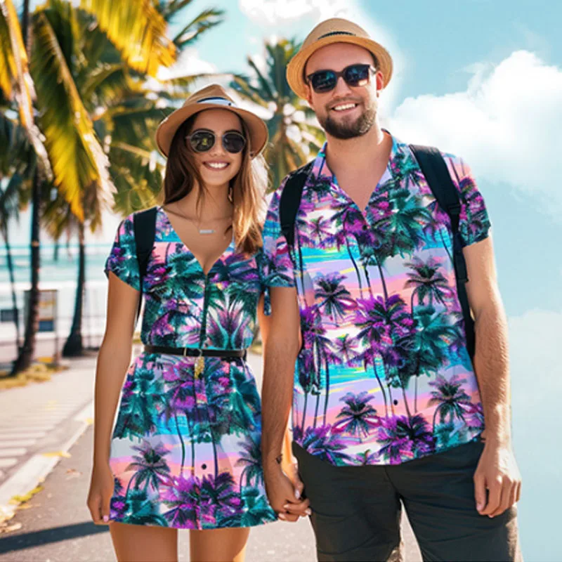 ROSEGAL Plus Size Lovers Matching Set Coconut Tree Ombre Galaxy Print Men Tee And Women\'s Dress Hawaii Beach Outfit