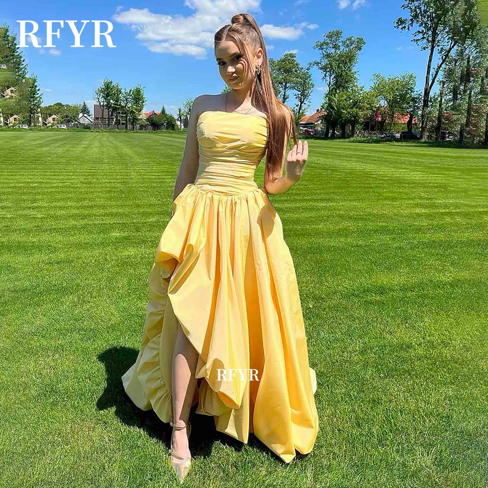 

RFYR Yellow Prom Dress Strapless Evening Party Dress Lace Up Back Elegant Prom Dress with Pleats for Women vestidos de fiesta
